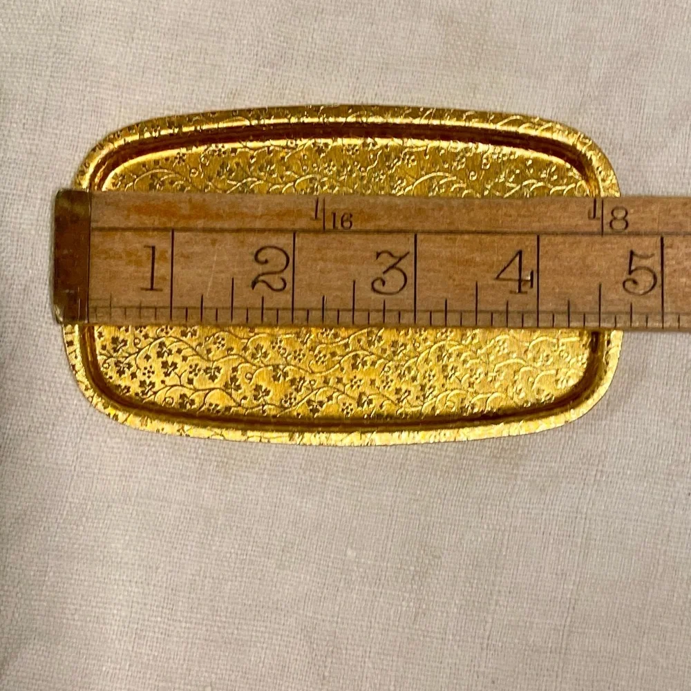 Vintage Gold Metal Rectangular Mini Tray with delicate leaf pattern.